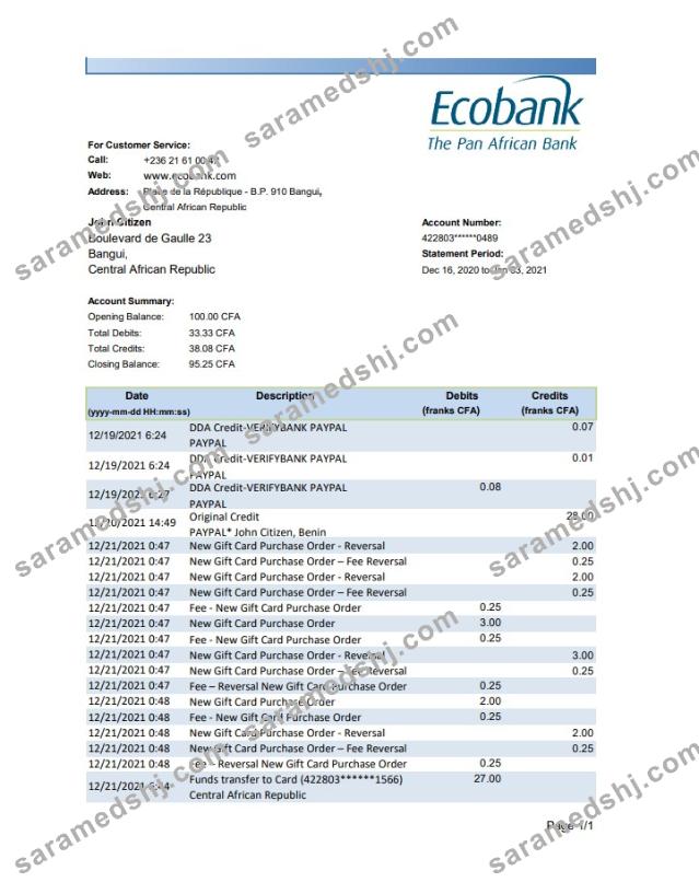 Central African Republic Ecobank bank statement easy to fill template in .xls and .pdf file format (AutoSum)